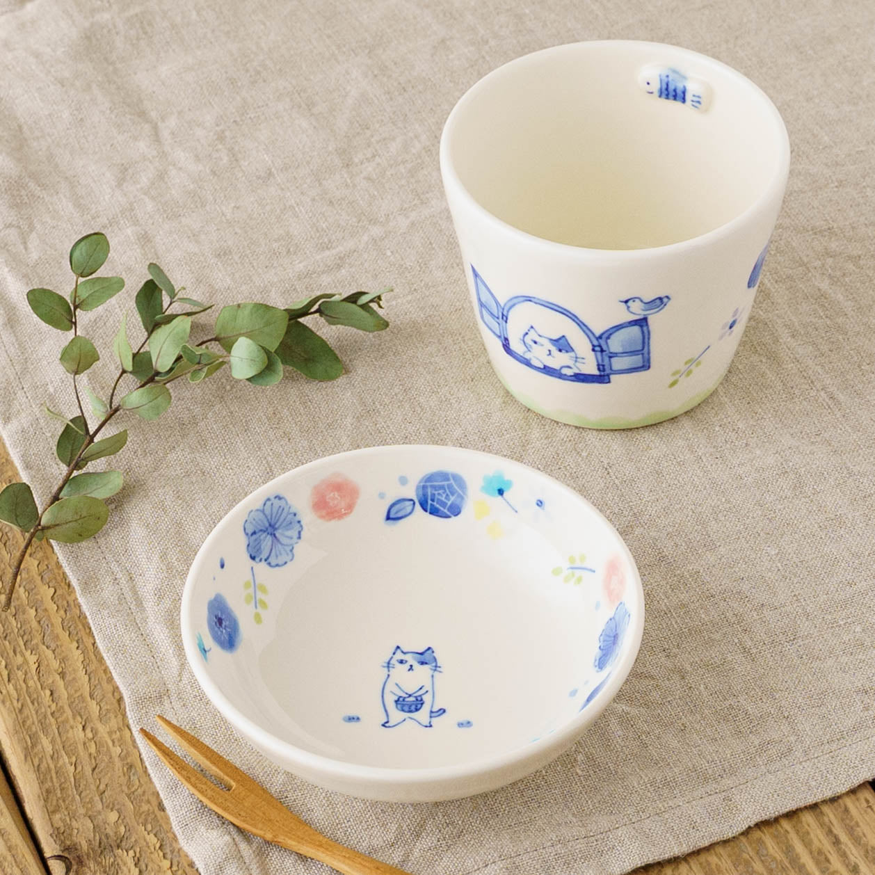 豆皿　花と猫｜喜多代京子