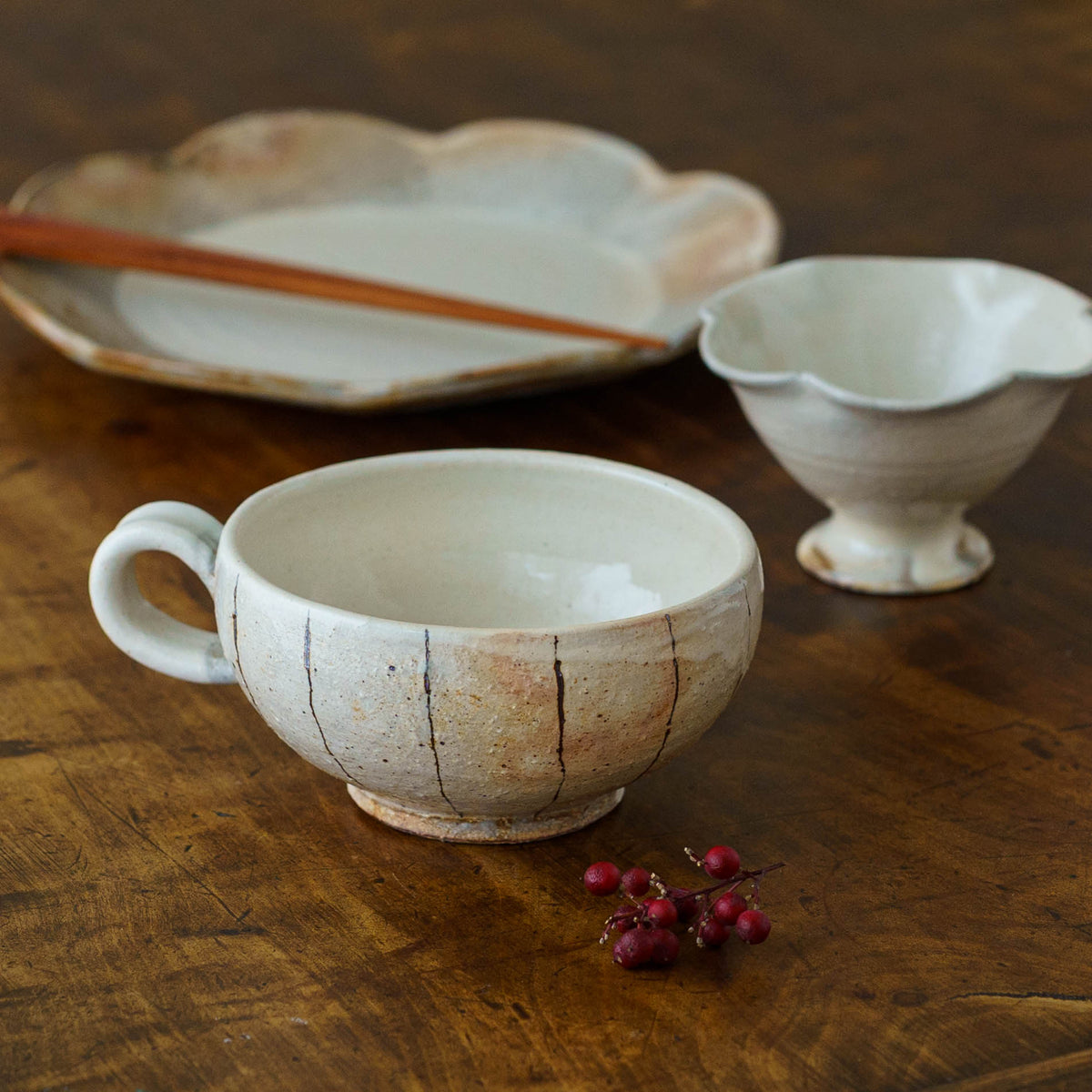 Vertical Iron-Wire Pattern Handled Round Soup Cup | Futani Pottery