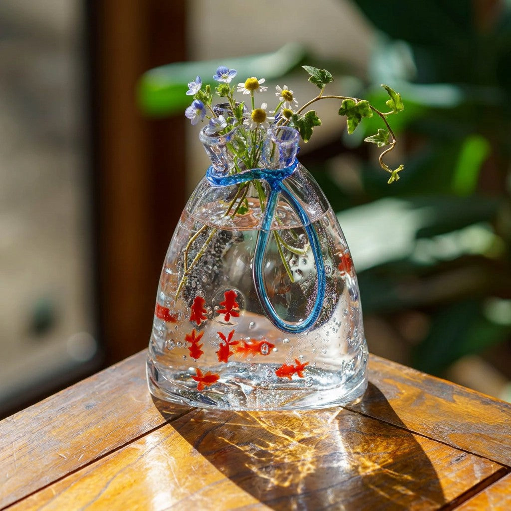 Goldfish flower vase blue  L | Gokurakuji Glass Studio