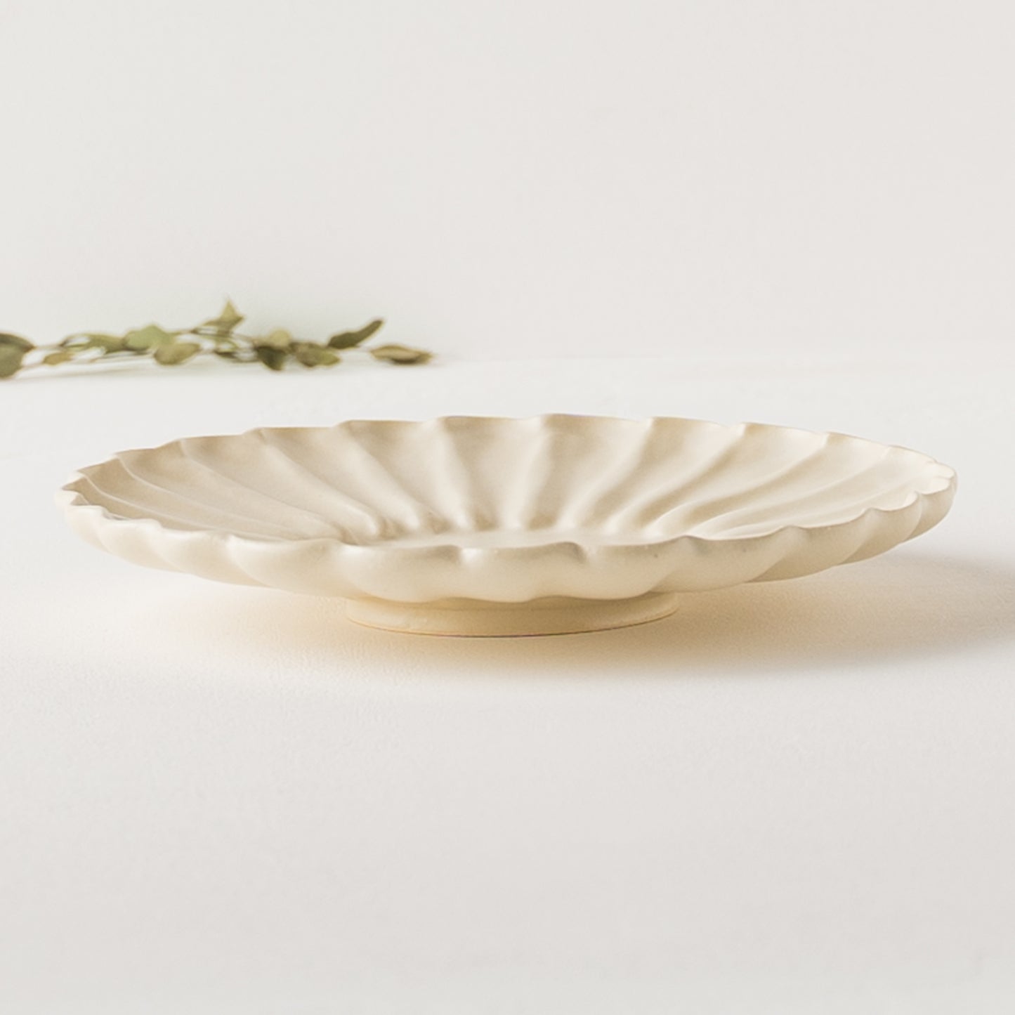 アイボリーのような白に温かみを感じるyoshida potteryの輪花皿