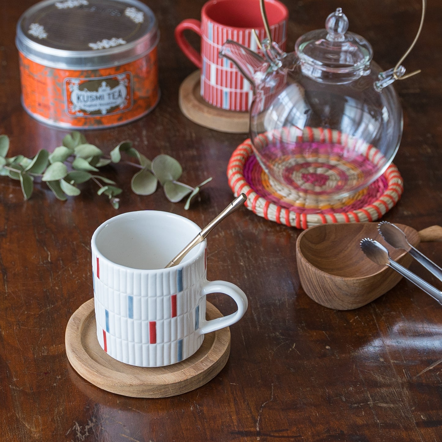 Mug cup S mosaic tile white x red x light blue | Yukari Nakagawa