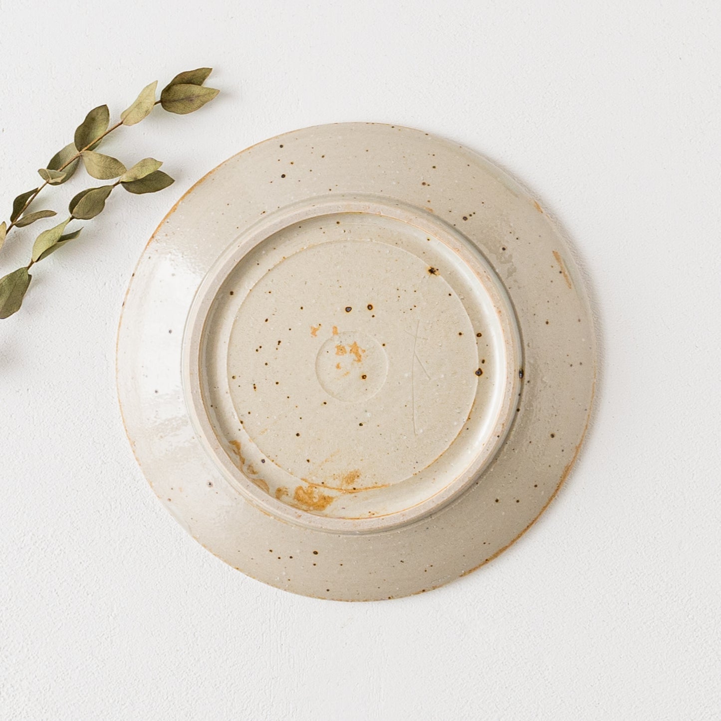 ところどころ表れた鉄粉が味わい深い冨本大輔さんの灰釉鉄絵5寸リム皿