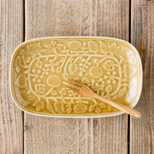 波佐見焼和山のレリーフフラワーパレード長角皿