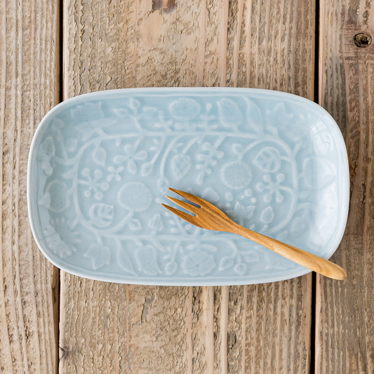 Relief Flower Parade Elongated Plate Blue Gray | Hasamiyaki Wazan Square Plate