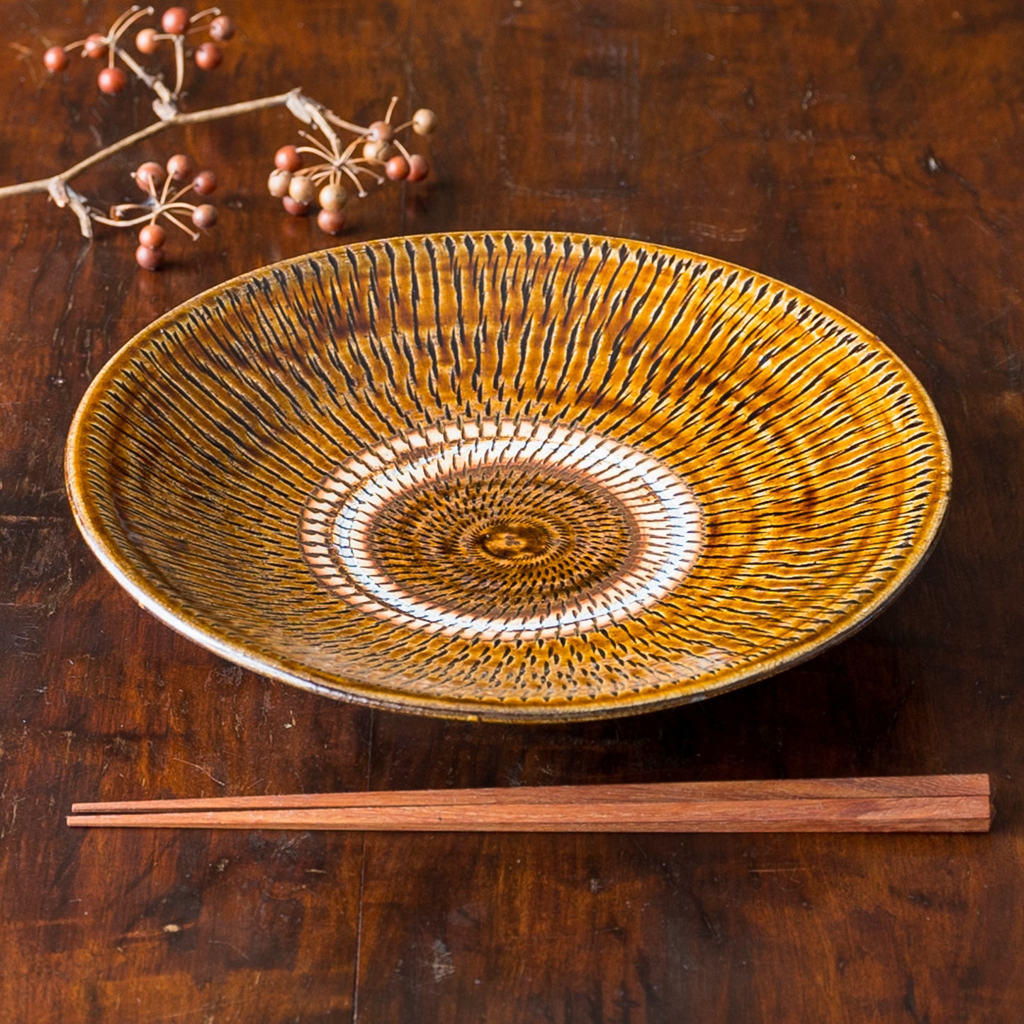 ワンプレートご飯にぴったりな小鹿田焼坂本庸一窯の飛び鉋8寸皿